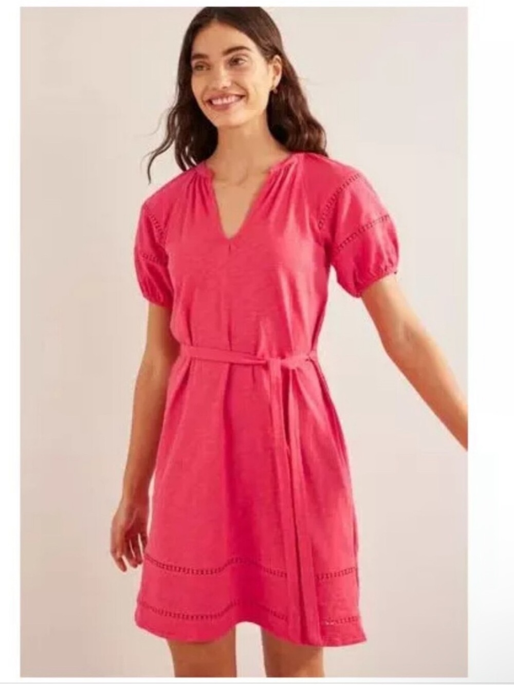 NWT Boden The Mini Weekender Coral Pink V-Neck Tie-Waist Puff Sleeve Dress